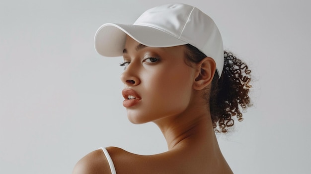 Photo white hat mockup on a woman for fashion clothing mockup