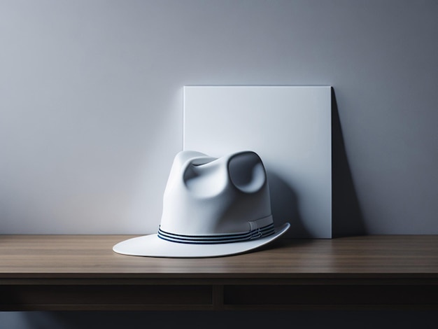 White hat on a wooden table in a room With copyspace area for text