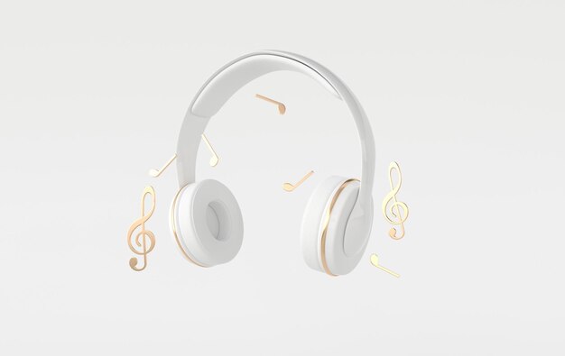 White headphones Music lover minimalistic background with golden wireless audio earphones