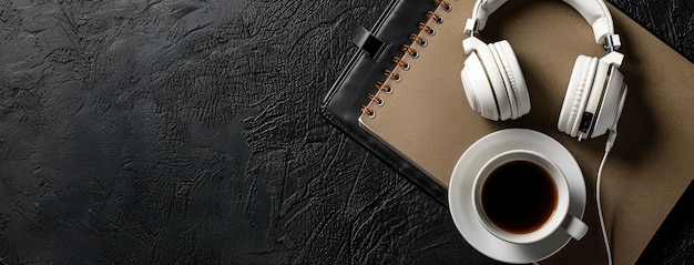 Photo white headphones a notebook and coffee positioned on a luxurious black leather background with space available for text or design presenting a conceptual work banner mockup