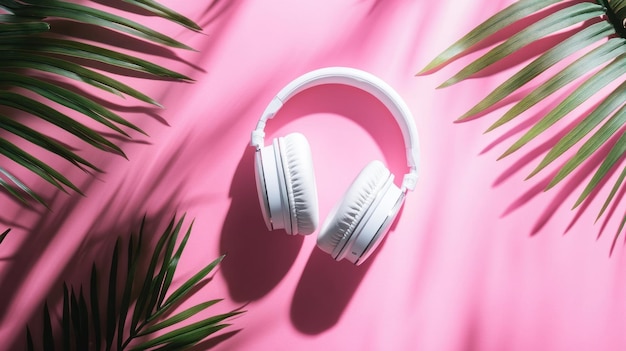 Photo white headphones on pink background with palm leaves