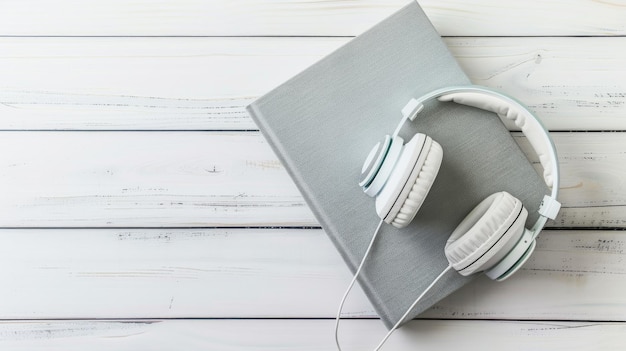 White headphones rest on a closed grey book set against a white wooden background emanating a calm and minimalist vibe