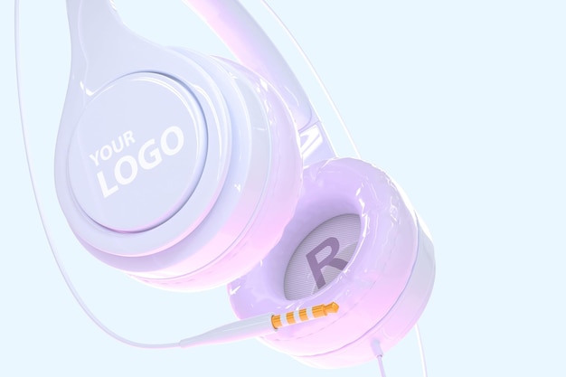 White headphones with cable for listen music dj audio headset isolated on pastel blue background Realistic stereo earphones with sound speakers and logo in neon light close up angle view 3d render