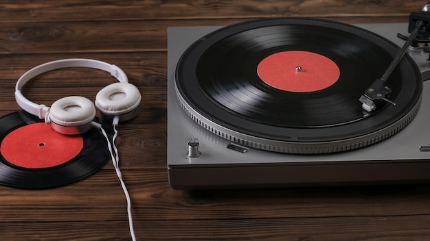 White headphones with a wire are connected to a vinyl disc player