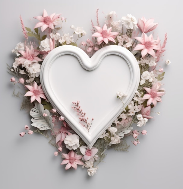 a white heart shaped frame with pink hearts on top of pink and white wild flowers