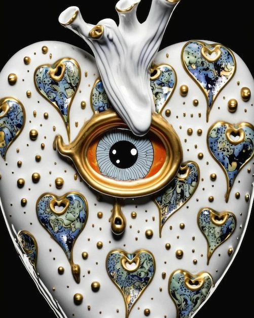 A white heart with a blue eye and a heart with gold hearts on it.