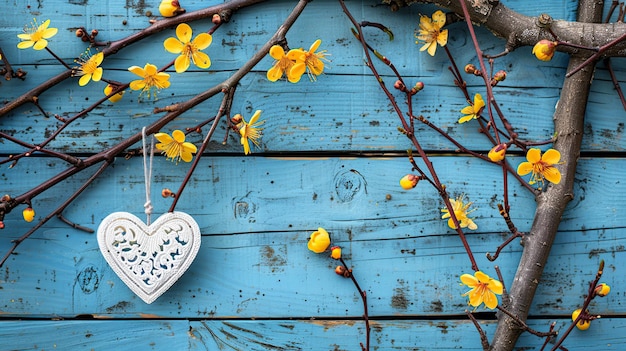 White Heart and Yellow Flowers on Blue Wooden Background