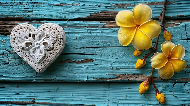 White Heart and Yellow Flowers on Blue Wooden Plank