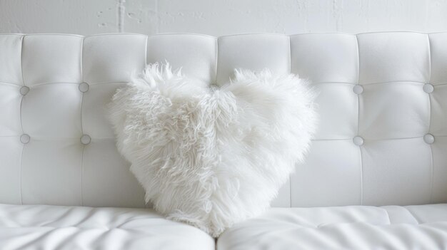 Photo white heartshaped fluffy pillow on white tufted sofa