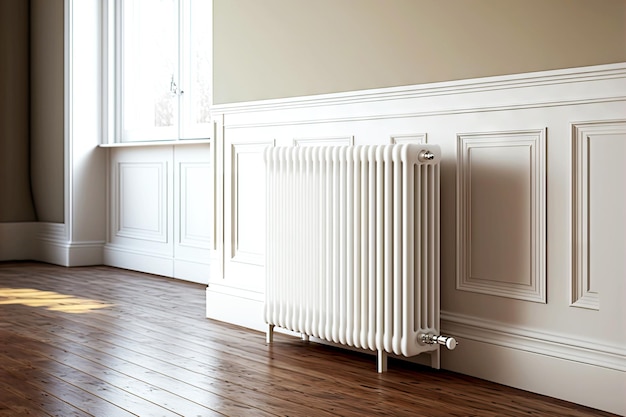 White heating radiator on brown floor in room