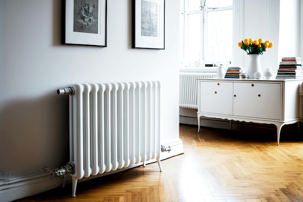 White heating radiator on parquet near the small coffee table