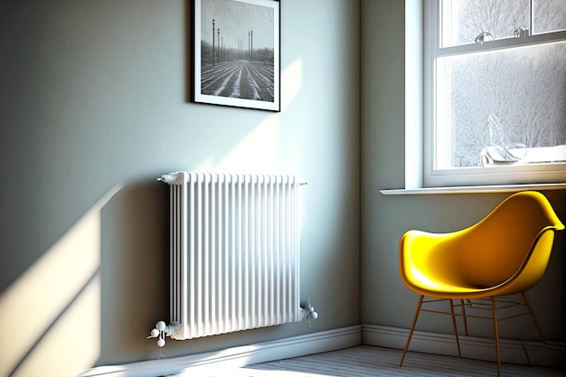 White heating radiator with thermostat in room