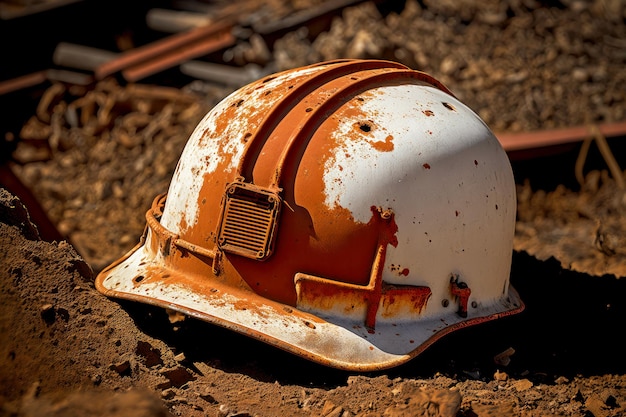 White helmet with rusty spots lying on abandoned construction site