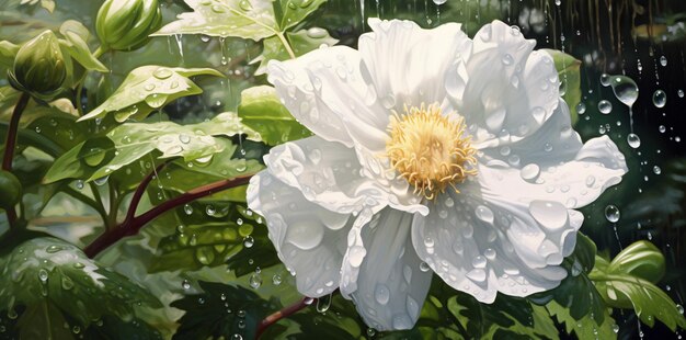 White hibiscus flower with raindrops with AI generated