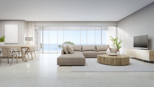 White home interior 3d rendering with sea view