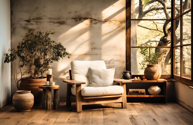 a white home with a wooden floor and chair