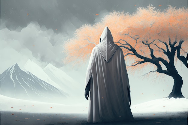 A white hooded figure stands amidst a snowy landscape of white trees Fantasy concept Illustration painting Generative AI