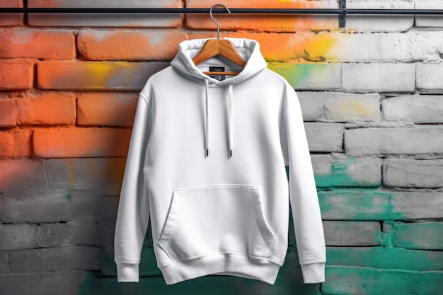 A white hoodie hanging on a wall with a colorful background.