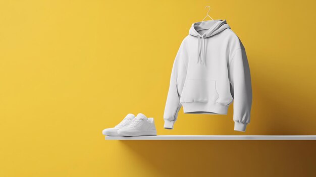 Photo white hoodie hanging above white sneakers on shelf on yellow background