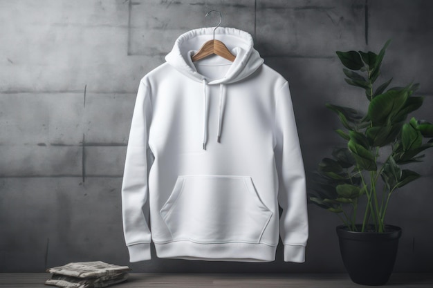 White hoodie hanging on a wooden table