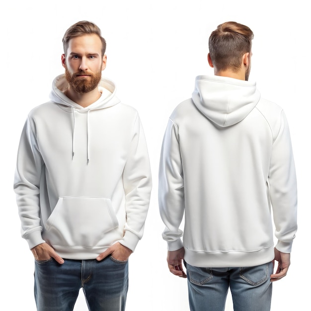 White Hoodie Mockup Front And Back View Of A Man Wearing A Blank Sweatshirt Generative AI