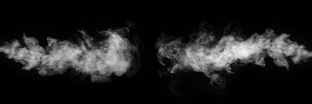 White horizontal smoke collection on black background Fog or smoke set isolated on black background White cloudiness mist or smog background