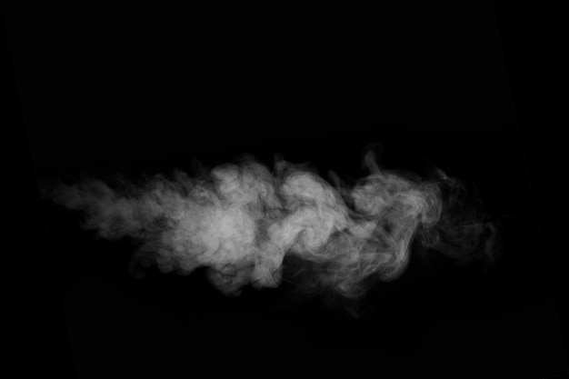 White horizontal steam, smoke isolated on black background. Fragment of smoke to overlay on your photos.