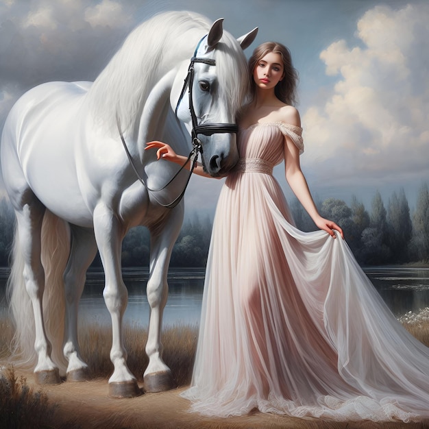 A white horse and a beautiful woman