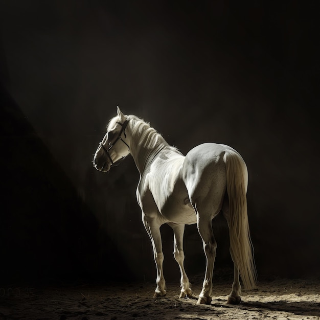 White horse in a dark room