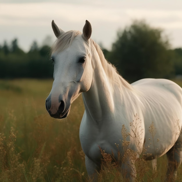 A white horse in a field of grass generative ai