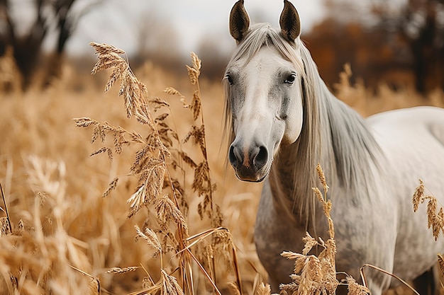 White horse in a field of wheat plants