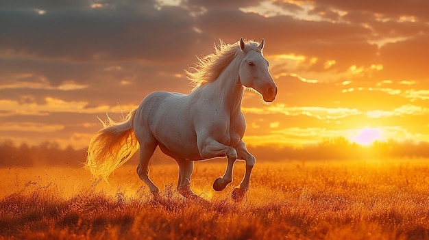 white horse galloping across a field mane blowing in the wind freedom power sunset