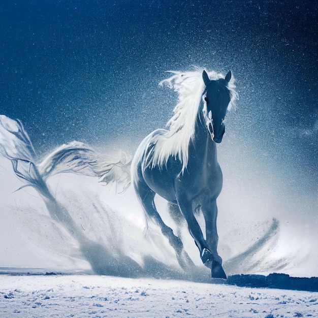 White horse galloping in the snow