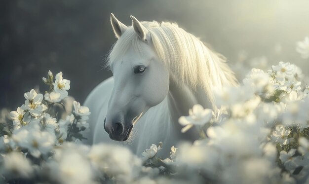 Photo a white horse gracefully surrounded by delicate white cherry or plum blossoms in the bloom of spring