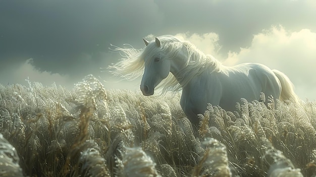 a white horse is in a field of dry grass