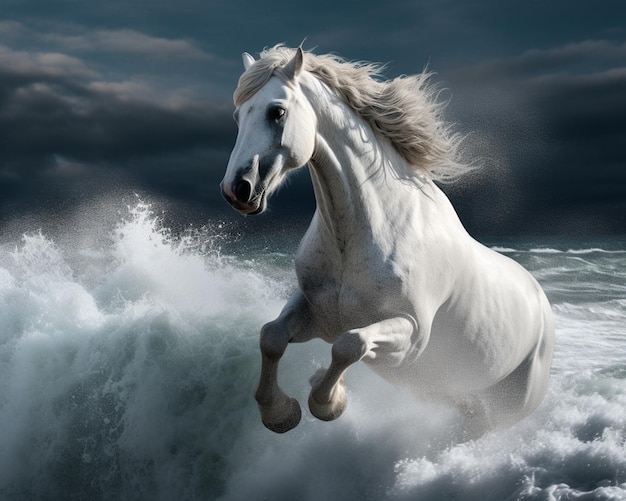 A white horse is galloping on a wave in the ocean.