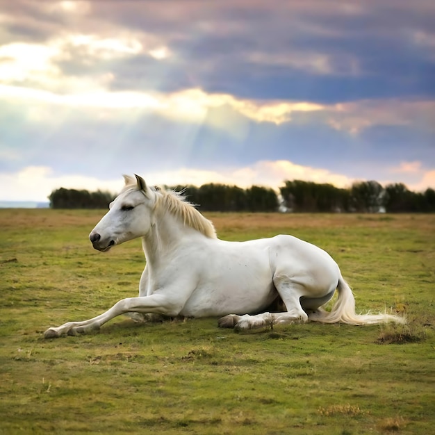 a white horse is laying in a field with the sun shining through the clouds