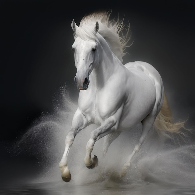 A white horse is running in front of a black background.