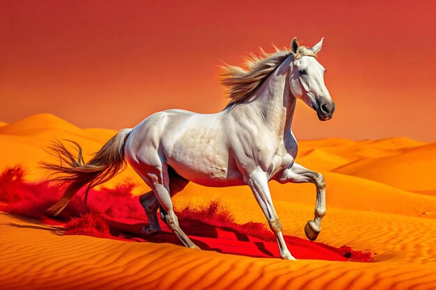 A white horse is running through a sandy desert