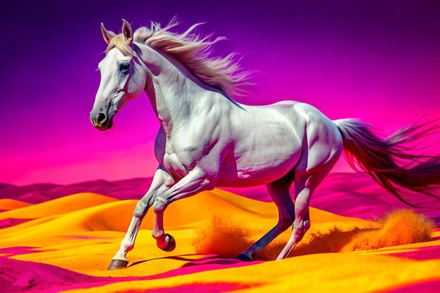 A white horse is running through a sandy desert