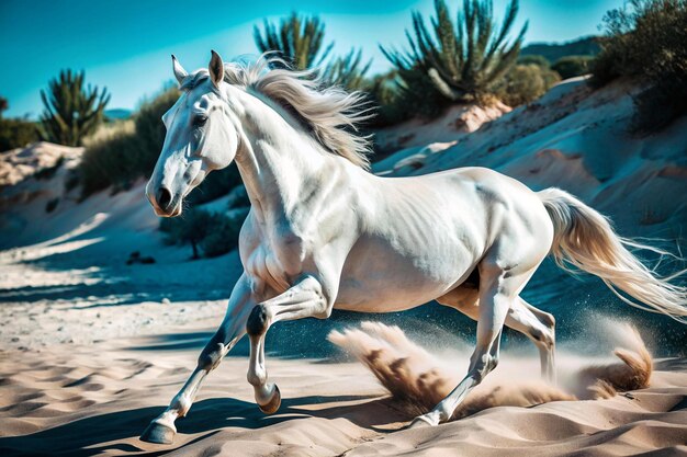 A white horse is running through a sandy desert