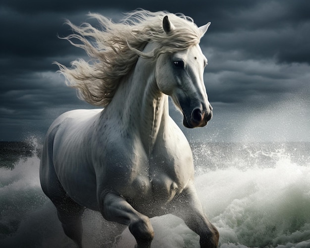 A white horse is running in the water with the wind blowing on it.