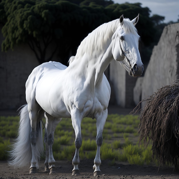 A white horse is standing in front of a stone wall.