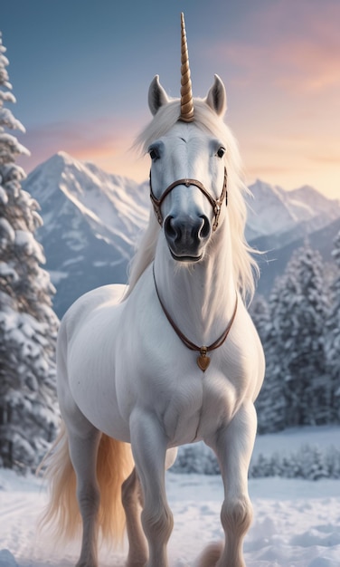 a white horse is standing in the snow