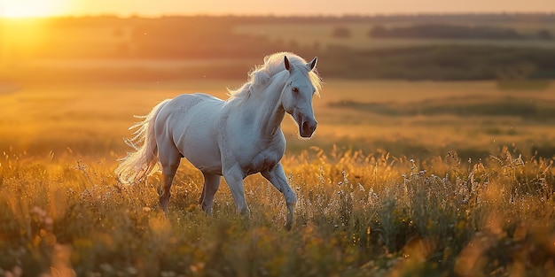 a white horse is walking in a field with the sun setting behind it