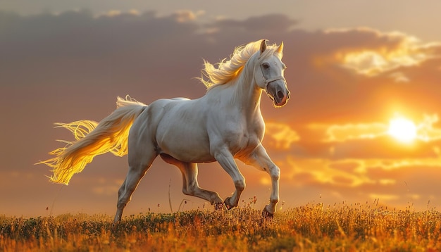 a white horse is walking in a field with the sun setting behind it