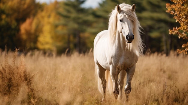 a white horse is walking through a field