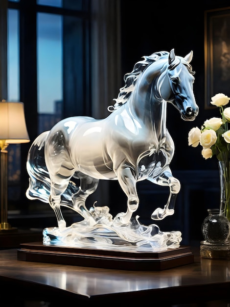 a white horse Quartz glass statue is on a table with flowers in front of it