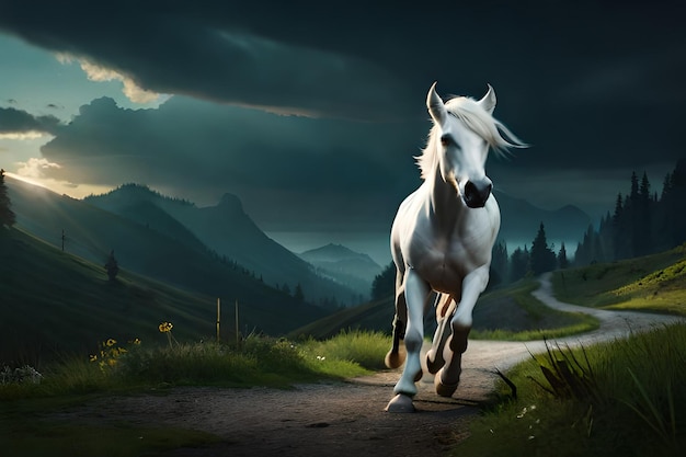 white horse runing in night