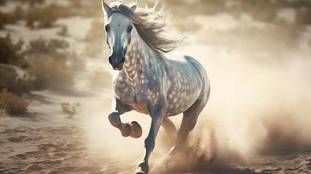 A white horse running in the sand on a sunny day generative ai image